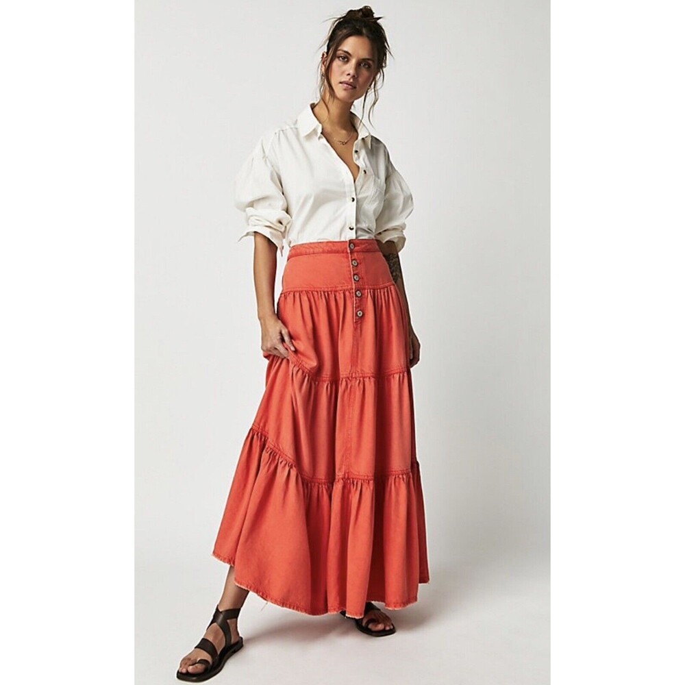 Free People We The Free Dreamweaver Maxi Orange Denim Tiered Preppy Skirt Sz L